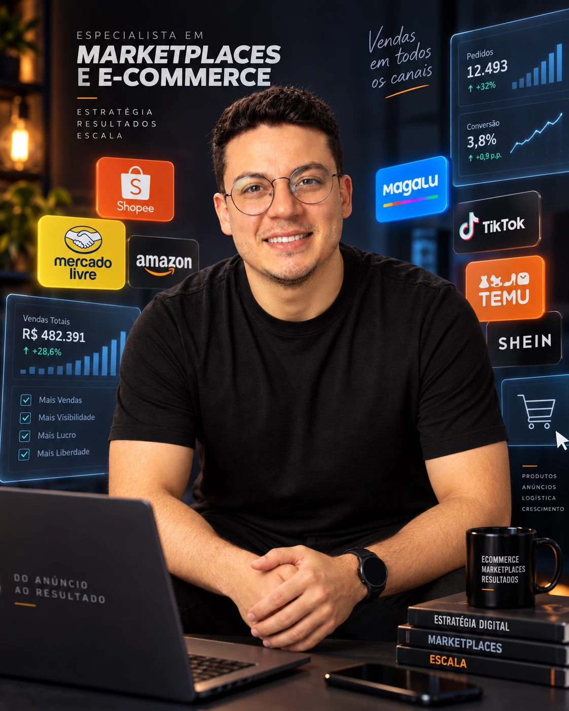 Maurício Saldanha, especialista em marketplaces e e-commerce, com os ícones de Mercado Livre, Shopee, Amazon, Magalu, TikTok, Temu e Shein